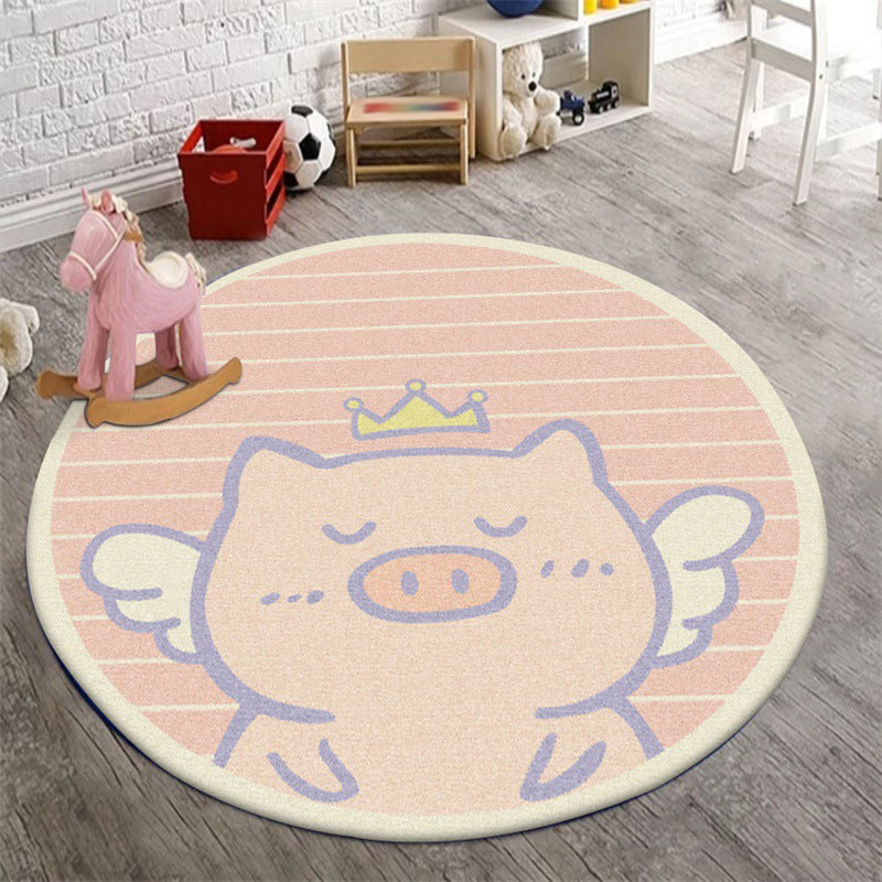 Unique Kids Rug in Pink Animal Pig Wings Stripe Pattern Rug Polyester Machine Washable Carpet for Nursery