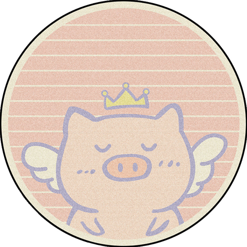 Unique Kids Rug in Pink Animal Pig Wings Stripe Pattern Rug Polyester Machine Washable Carpet for Nursery