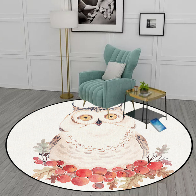 Cute Kids Rug in White Animal Owl Rabbit Sloth Pattern Rug Polyester Non-Slip Washable Rug for the Children's Room