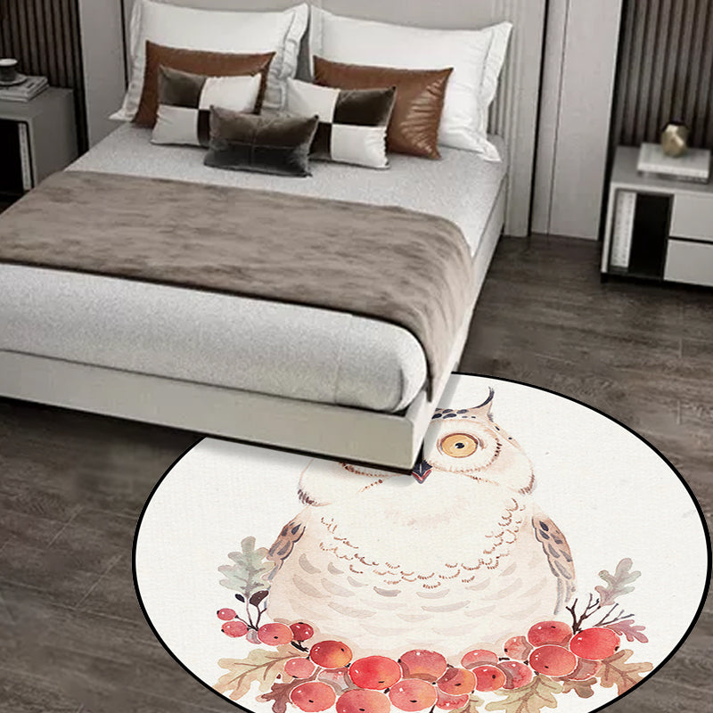 Cute Kids Rug in White Animal Owl Rabbit Sloth Pattern Rug Polyester Non-Slip Washable Rug for the Children's Room