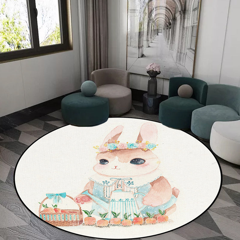 Cute Kids Rug in White Animal Owl Rabbit Sloth Pattern Rug Polyester Non-Slip Washable Rug for the Children's Room