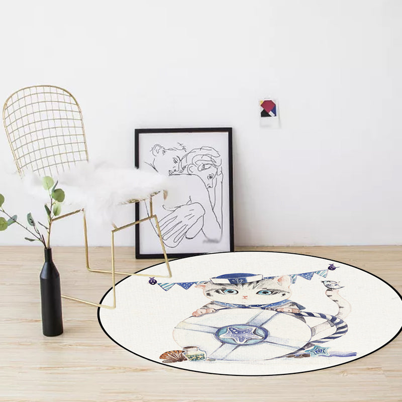 Cute Kids Rug in White Animal Owl Rabbit Sloth Pattern Rug Polyester Non-Slip Washable Rug for the Children's Room