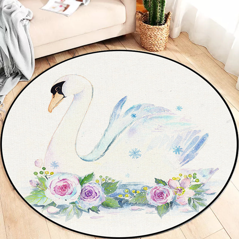 Cute Kids Rug in White Animal Owl Rabbit Sloth Pattern Rug Polyester Non-Slip Washable Rug for the Children's Room