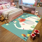 Kids Bedroom Rug in Green Animal Elephant Tree Cloud Print Rug Polyester Machine Washable Rug