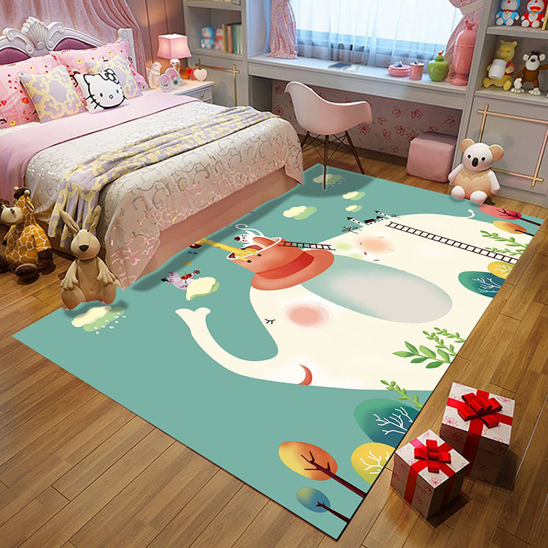 Kids Bedroom Rug in Green Animal Elephant Tree Cloud Print Rug Polyester Machine Washable Rug