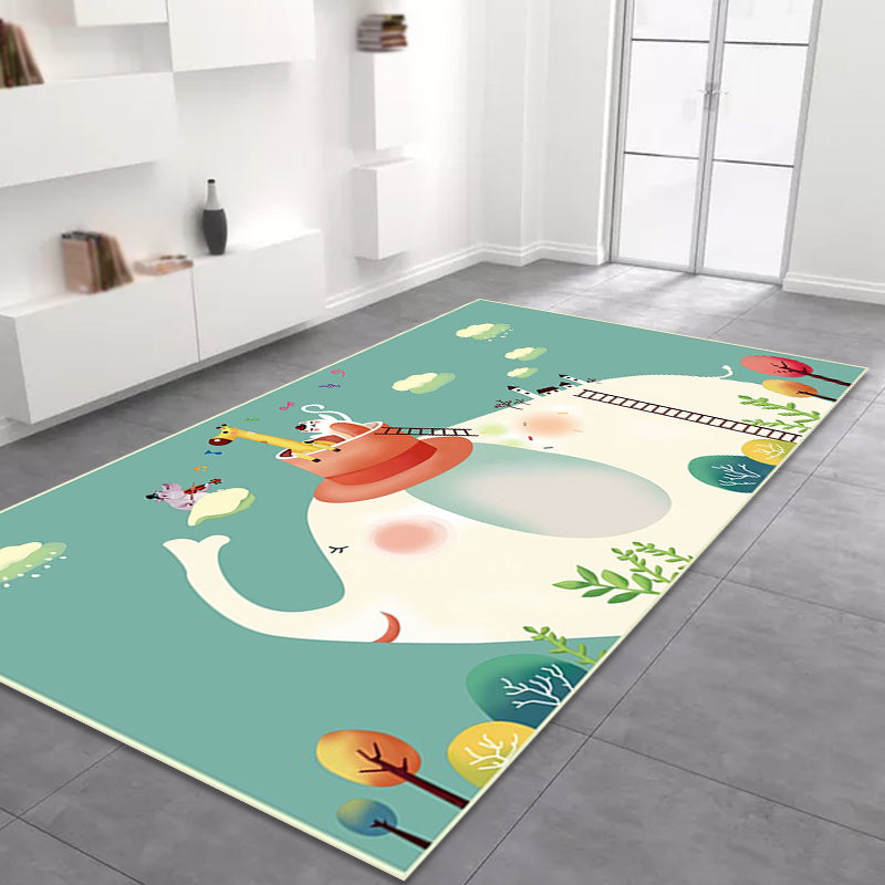 Kids Bedroom Rug in Green Animal Elephant Tree Cloud Print Rug Polyester Machine Washable Rug