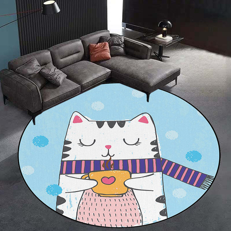 White and Blue Children's Room Rug Children Animals Cat Dots Pattern Area Rug Polyester Pet Friendly Carpet
