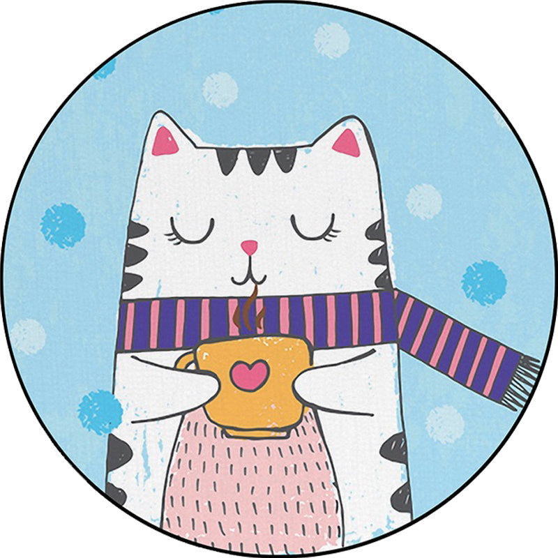 White and Blue Children's Room Rug Children Animals Cat Dots Pattern Area Rug Polyester Pet Friendly Carpet