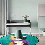 Blue and Green Children's Room Rug Children's Animal Dress Cat Leaf Pattern Rug Polyester Washable Rug