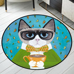 Blue and Green Children's Room Rug Children's Animal Dress Cat Leaf Pattern Rug Polyester Washable Rug