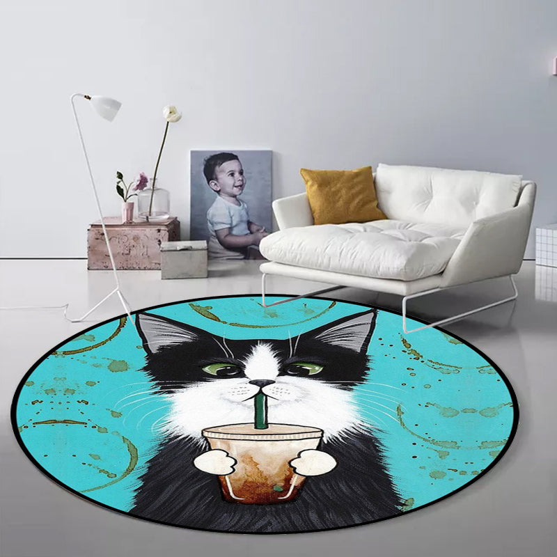 Blue and Green Children's Room Rug Children's Animal Dress Cat Leaf Pattern Rug Polyester Washable Rug
