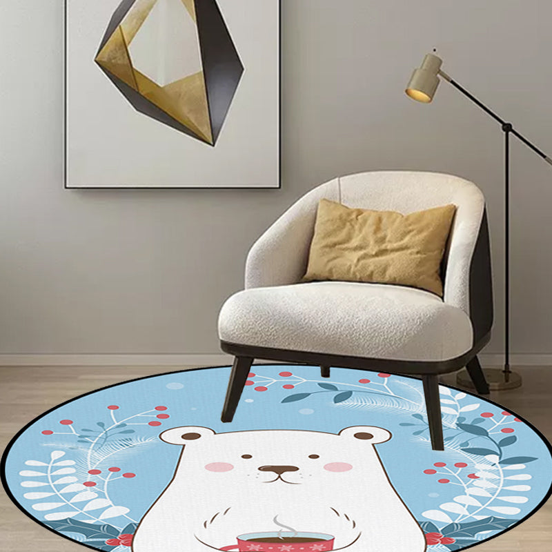 Kids Bedroom Carpet in Blue Animal Bear Leaf Drink Print Carpet Polyester Anti-Slip Back Carpet