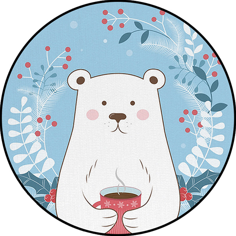 Kids Bedroom Carpet in Blue Animal Bear Leaf Drink Print Carpet Polyester Anti-Slip Back Carpet