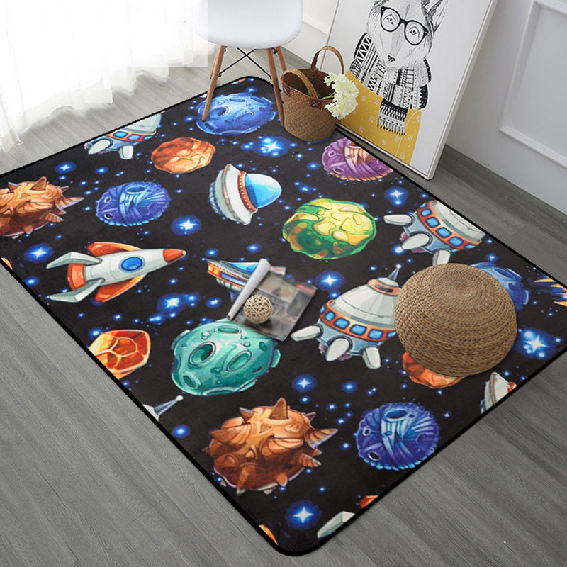 Kids Children's Room Carpet in Blue and Black Space Spaceship Planet Print Carpet Polyester Machine Washable Carpet