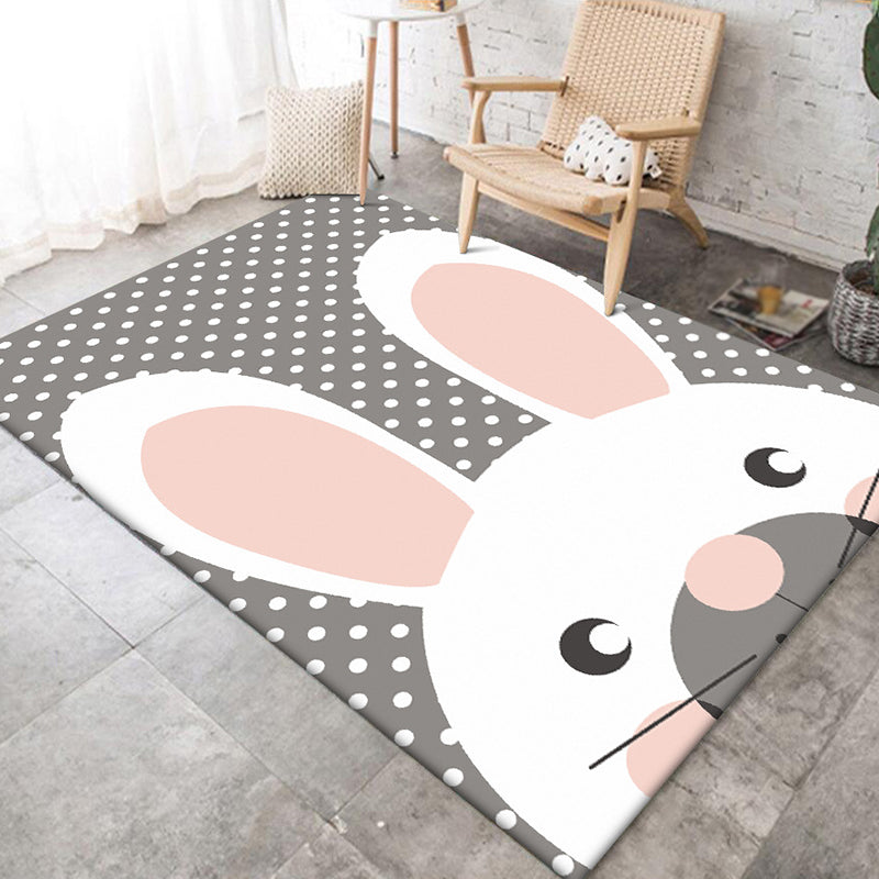 Gray Children's Room Carpet Children's Animal Rabbit Dots Pattern Area Rug Polyester Non-Slip Back Carpet