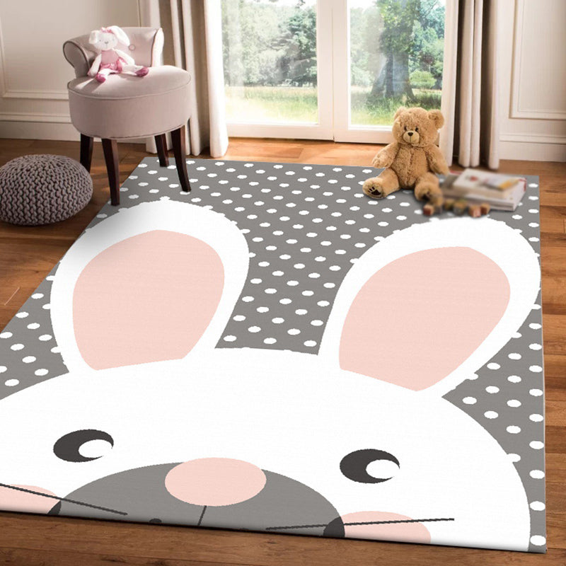 Gray Children's Room Carpet Children's Animal Rabbit Dots Pattern Area Rug Polyester Non-Slip Back Carpet