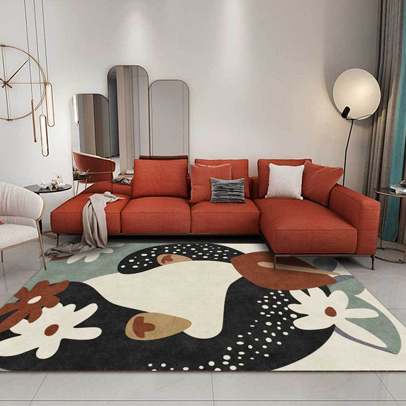 Stylish children's rug in black and ivory flower leaf dot pattern rug polyester stain-resistant rug for the children's room
