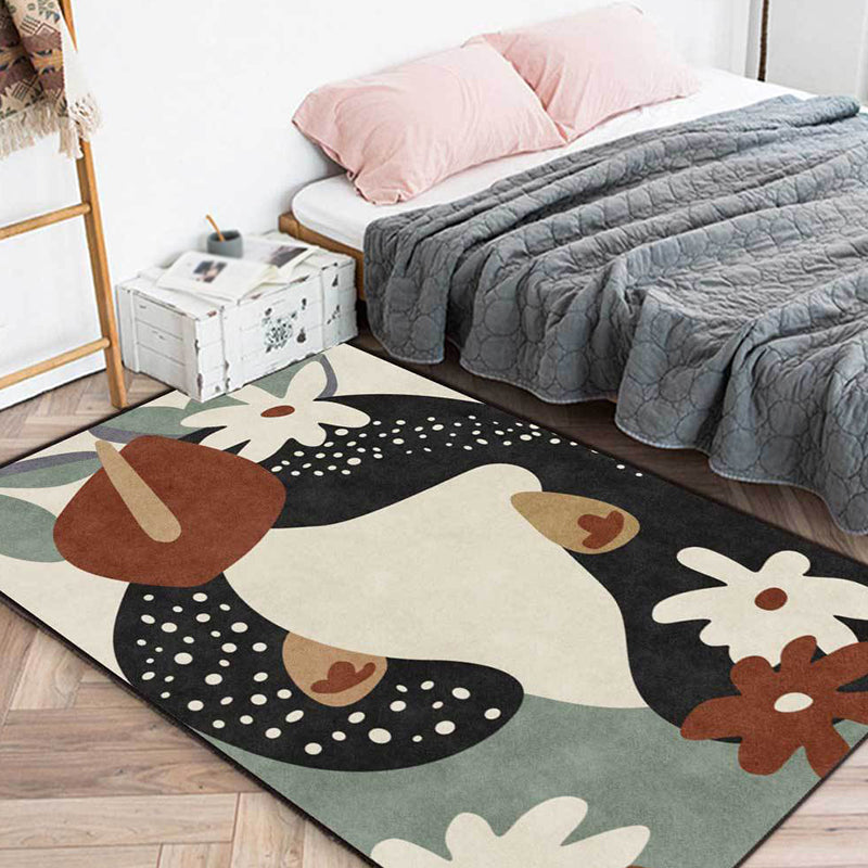 Stylish children's rug in black and ivory flower leaf dot pattern rug polyester stain-resistant rug for the children's room