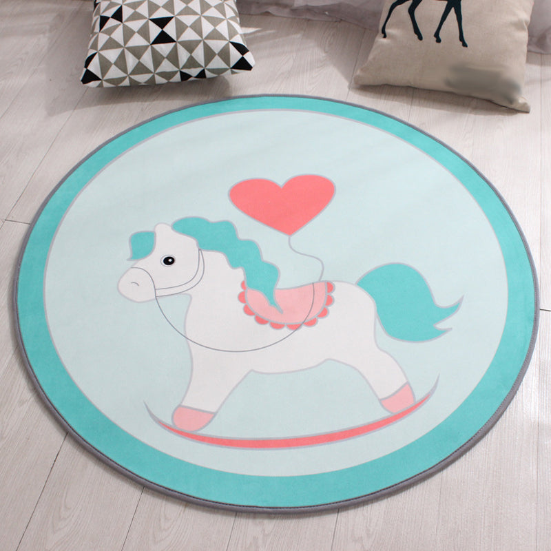Stylish Kids Rug in Yellow and Green Animal Horse Whale Panda Pattern Rug Polyester Non-Slip Back Carpet for Children's Room