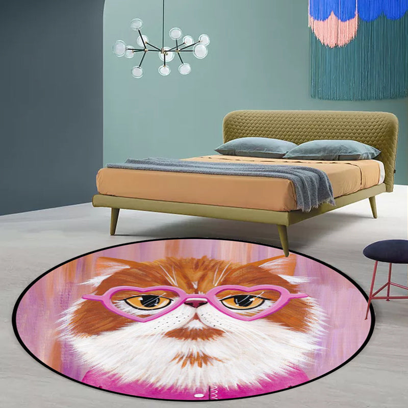 Casual Kids Rug in Pink and Blue Animal Cat Pattern Rug Polyester Stain Resistant Non-Slip Rug for the Children's Room