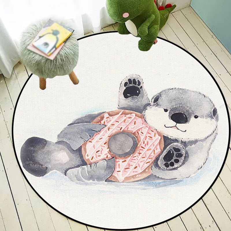 Children's Room Rug in White Animal Fox Koala Alpaca Print Rug Polyester Pet Friendly Washable Area Rug