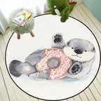 Children's Room Rug in White Animal Fox Koala Alpaca Print Rug Polyester Pet Friendly Washable Area Rug