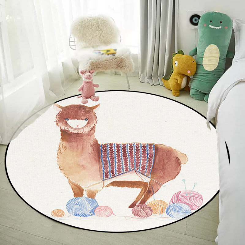 Children's Room Rug in White Animal Fox Koala Alpaca Print Rug Polyester Pet Friendly Washable Area Rug