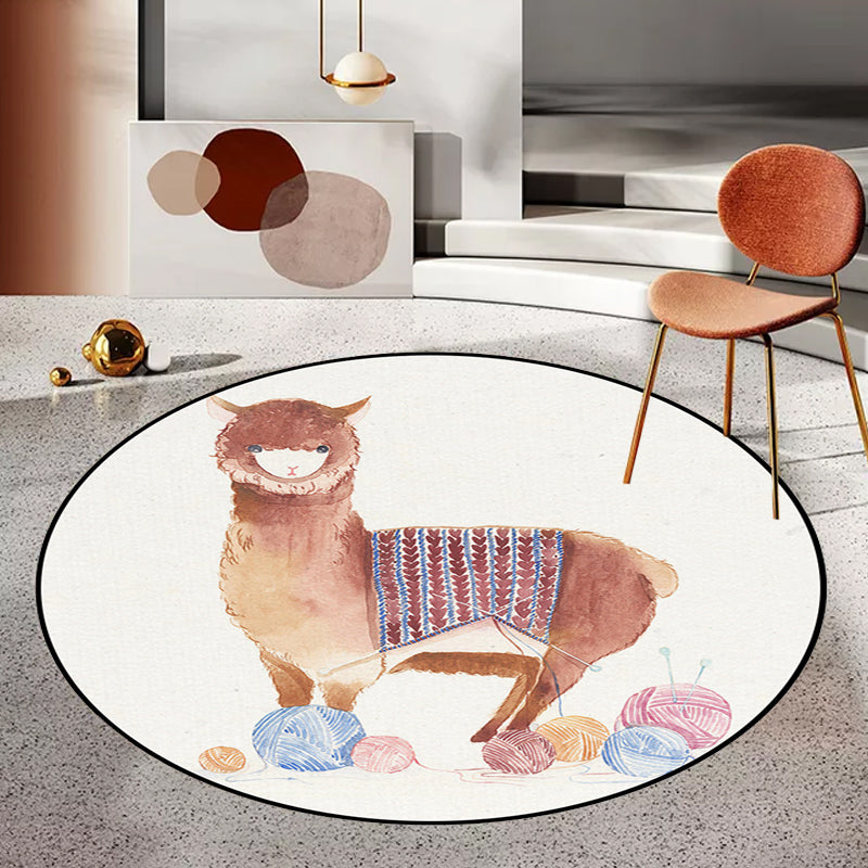 Children's Room Rug in White Animal Fox Koala Alpaca Print Rug Polyester Pet Friendly Washable Area Rug