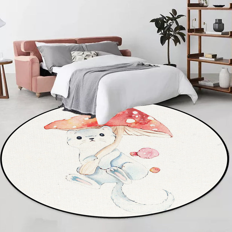 Children's Room Rug in White Animal Fox Koala Alpaca Print Rug Polyester Pet Friendly Washable Area Rug