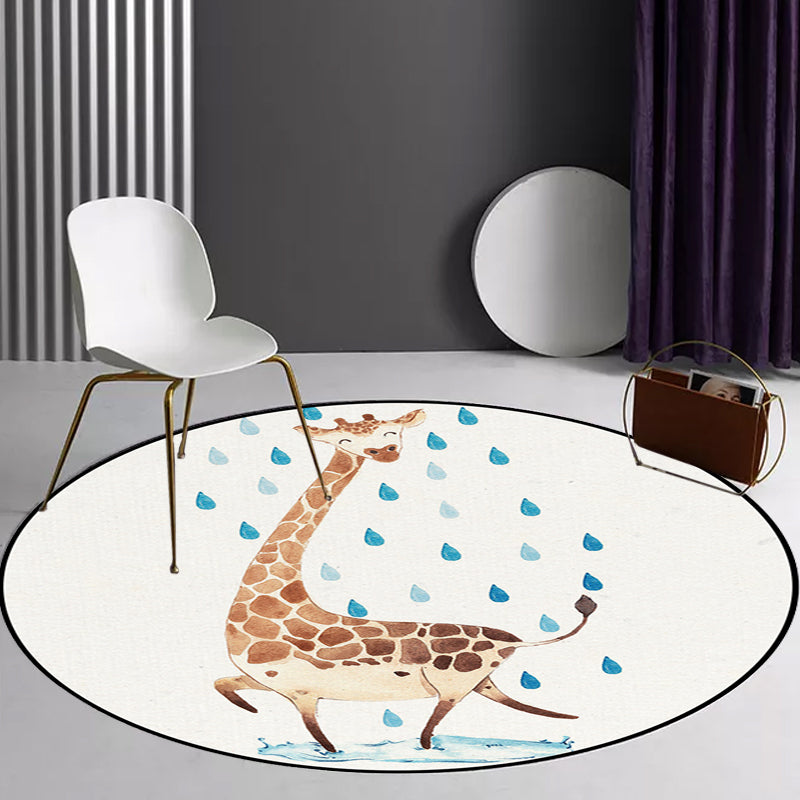 Children's Room Rug in White Animal Fox Koala Alpaca Print Rug Polyester Pet Friendly Washable Area Rug