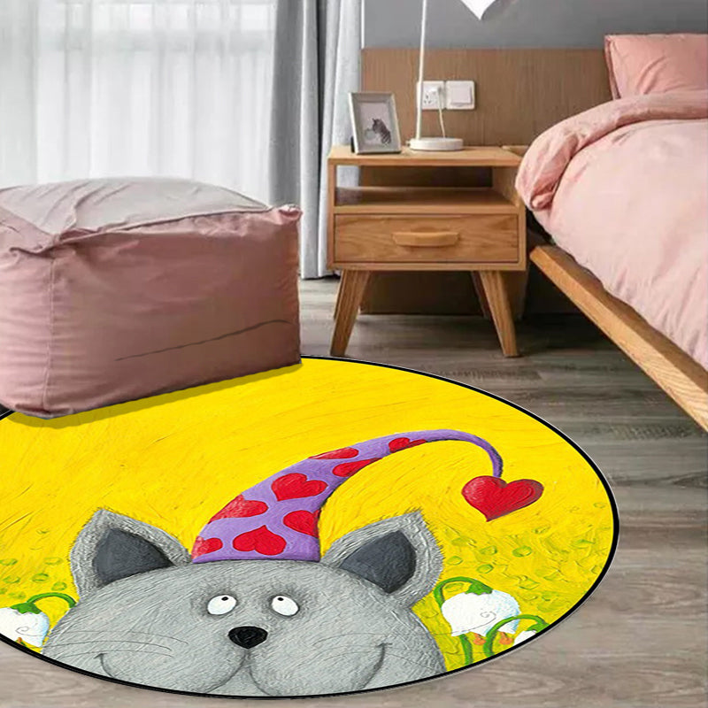 Kids Room Rug in Green and Yellow Animal Cat Heart Star Print Rug Polyester Stain Resistant Area Rug