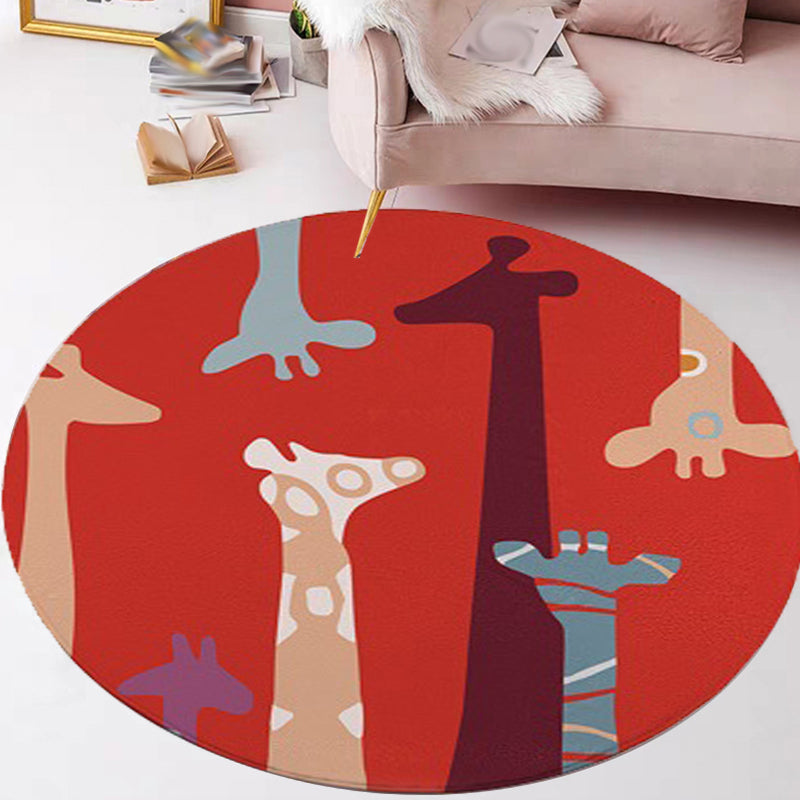 Red and Yellow Children's Room Carpet Children's Animal Cat Bear Giraffe Pattern Area Rug Polyester Pet-Friendly Washable Carpet