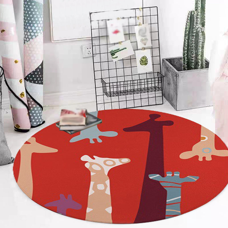 Red and Yellow Children's Room Carpet Children's Animal Cat Bear Giraffe Pattern Area Rug Polyester Pet-Friendly Washable Carpet