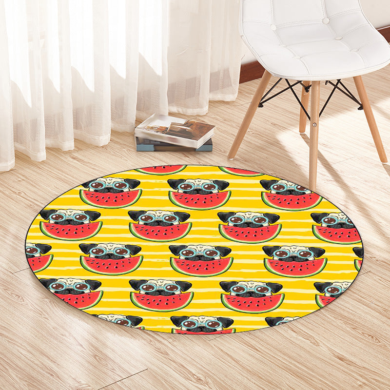 Yellow and Pink Children's Room Rug Children Animal Dog Watermelon Leaf Pattern Carpet Polyester Washable Rug