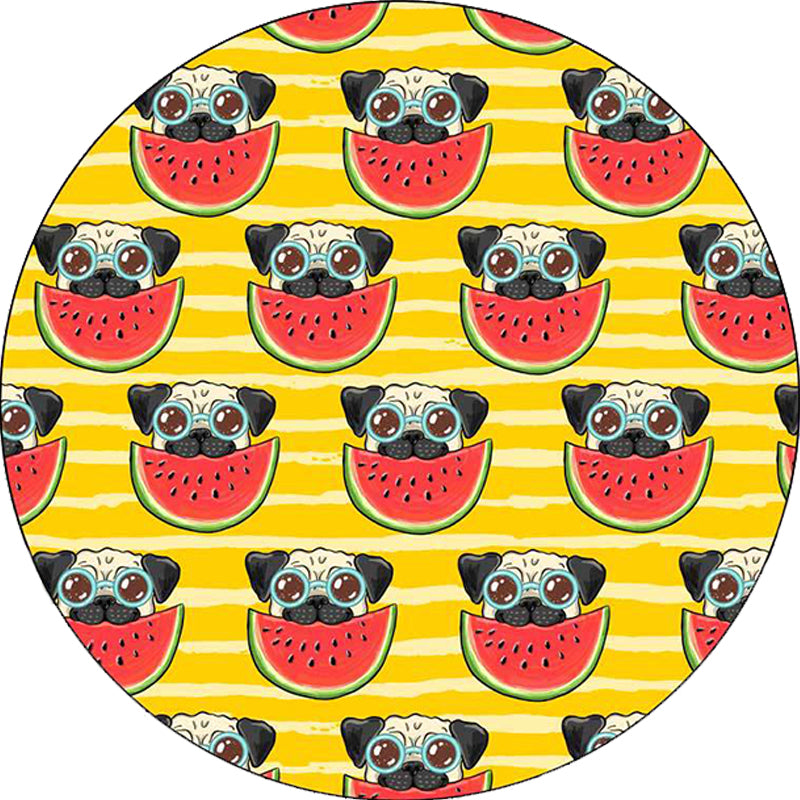 Yellow and Pink Children's Room Rug Children Animal Dog Watermelon Leaf Pattern Carpet Polyester Washable Rug