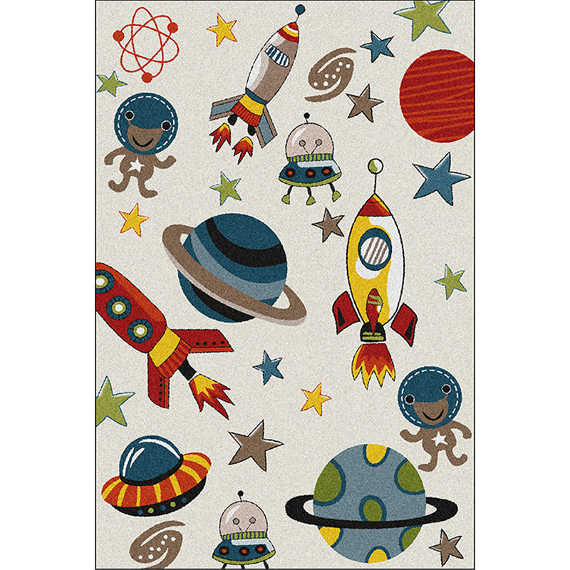 Ivory Kids Room Carpet Kids Space Planet Star Rocket Pattern Carpet Polyester Pet-Friendly Carpet