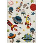 Ivory Kids Room Carpet Kids Space Planet Star Rocket Pattern Carpet Polyester Pet-Friendly Carpet