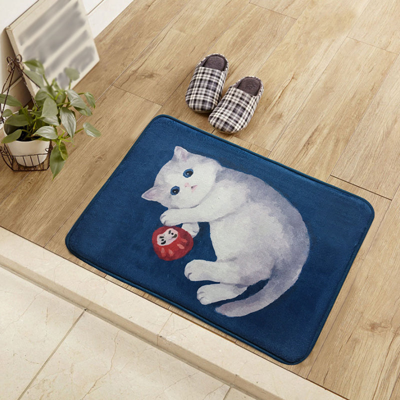 Unique Kids Rug in Blue and Green Animal Cat Pattern Carpet Polyester Washable Rug for the Children's Room