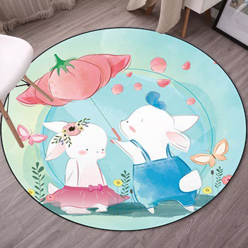 Kids Bedroom Carpet in Blue Animal Elephant Rabbit Hedgehog Print Carpet Polyester Pet-Friendly Area Rug
