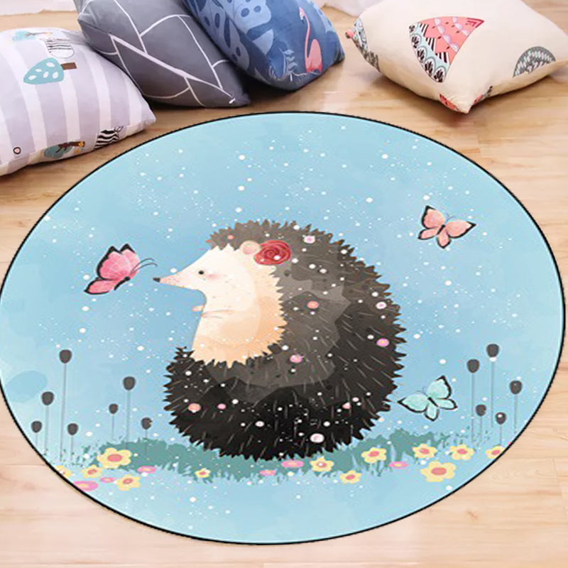 Kids Bedroom Carpet in Blue Animal Elephant Rabbit Hedgehog Print Carpet Polyester Pet-Friendly Area Rug