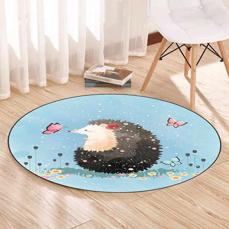 Kids Bedroom Carpet in Blue Animal Elephant Rabbit Hedgehog Print Carpet Polyester Pet-Friendly Area Rug