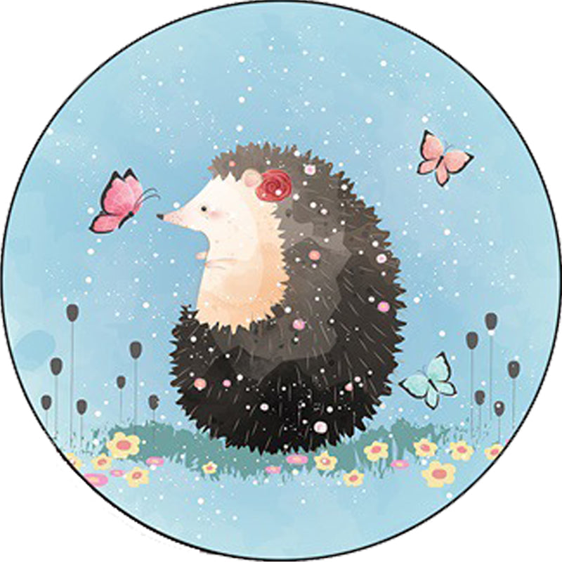 Kids Bedroom Carpet in Blue Animal Elephant Rabbit Hedgehog Print Carpet Polyester Pet-Friendly Area Rug