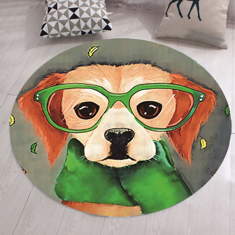 Gray and Green Children's Room Carpet Kids Animal Dog Glasses Pattern Area Rug Polyester Non-Slip Machine Washable Rug