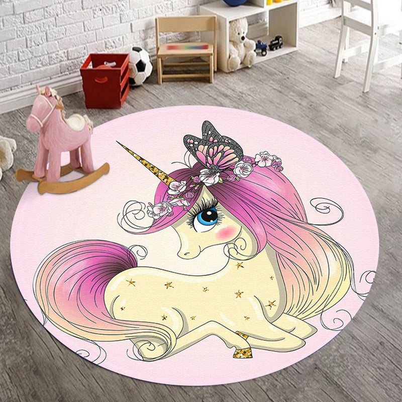 Kids Bedroom Rug in Pink Animal Unicorn Butterfly Floral Print Rug Polyester Non-Slip Back Rug