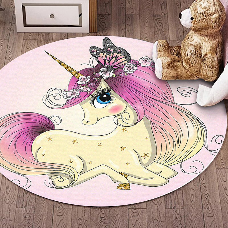 Kids Bedroom Rug in Pink Animal Unicorn Butterfly Floral Print Rug Polyester Non-Slip Back Rug