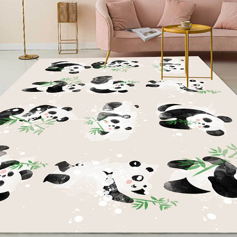 Ivory Kids Room Rug Kids Animal Panda Bird Pattern Rug Polyester Non-Slip Machine Washable Rug