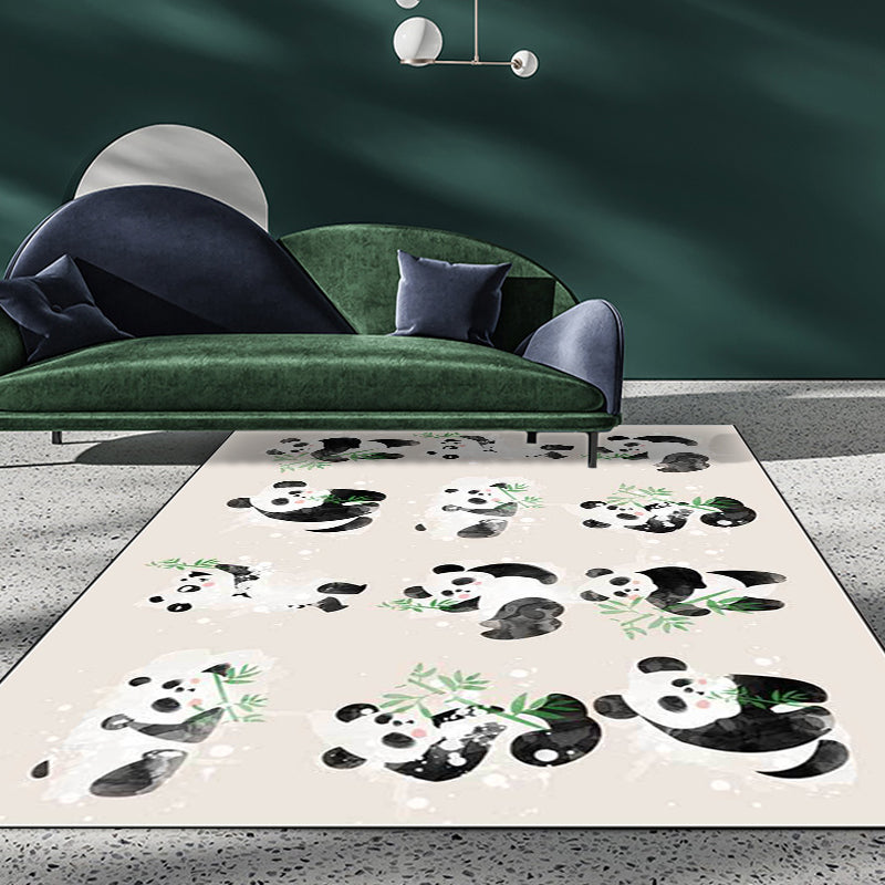 Ivory Kids Room Rug Kids Animal Panda Bird Pattern Rug Polyester Non-Slip Machine Washable Rug