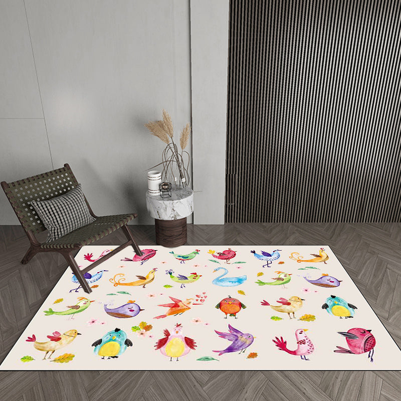 Ivory Kids Room Rug Kids Animal Panda Bird Pattern Rug Polyester Non-Slip Machine Washable Rug