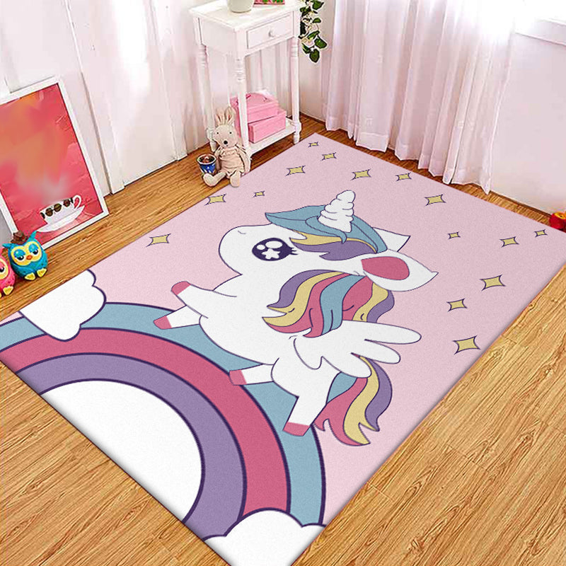 Pink Children's Room Carpet Children Animal Unicorn Rainbow Pattern Rug Polyester Non-Slip Backing Carpet
