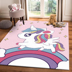 Pink Children's Room Carpet Children Animal Unicorn Rainbow Pattern Rug Polyester Non-Slip Backing Carpet